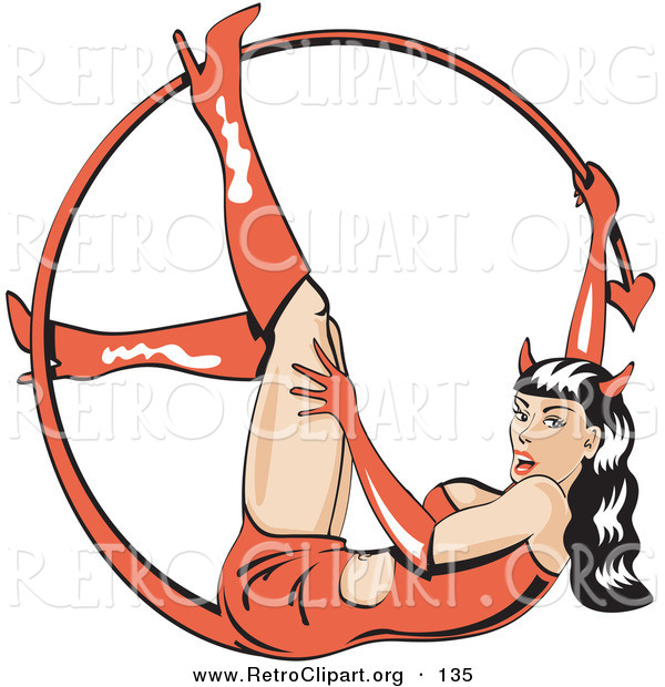 Retro Clipart of an Attractive Sexy Brunette Woman in a Rubber Dress and Boots, Lying on Her Back and Holding onto Her Curved Forked Devil Tail