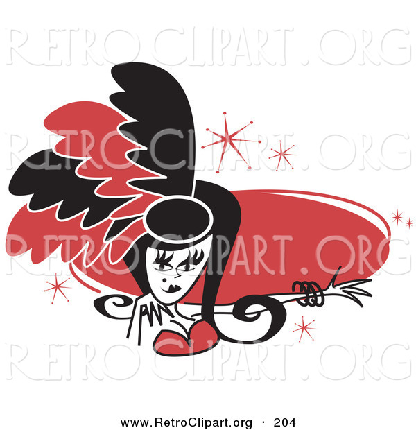 Retro Clipart of an Attractive Showgirl in Red and Black Feathers, Holding out Her Arm in Front of a Red Circle