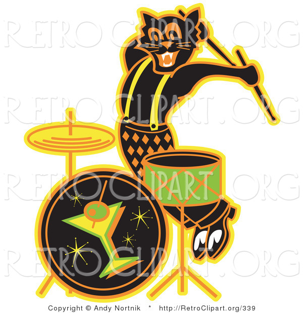 Retro Clipart of an Energetic Black Cat Playing the Drums While Entertaining at a Bar