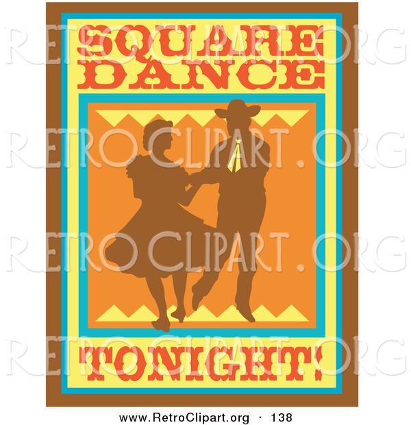 Retro Clipart of an Old Fashioned Sign Silhouetted Cowboy Square Dancing with a Woman