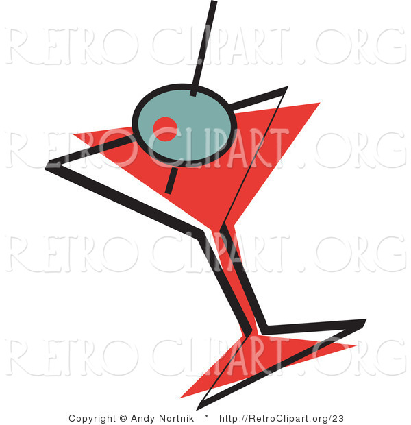 Retro Clipart of an Olive on a Toothpick in a Martini Glass
