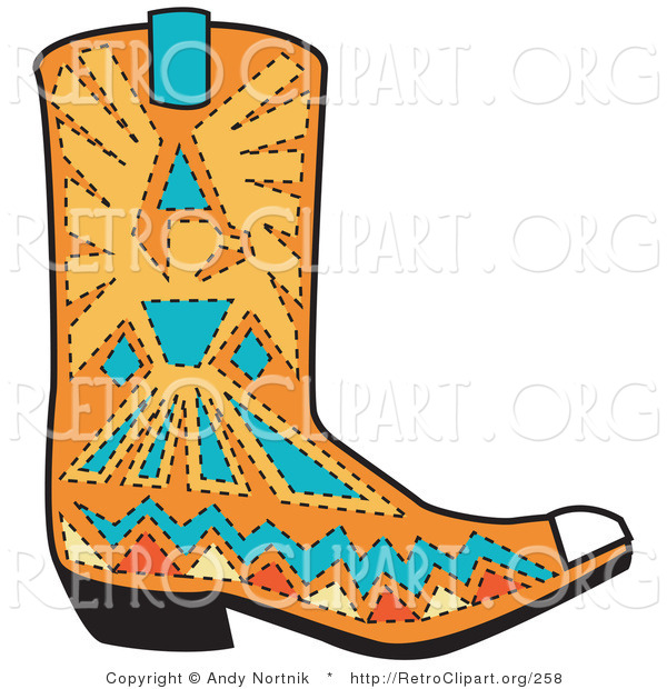 Retro Clipart of an Orange Aztec Style Cowboy Boot Design with Blue and Yellow Accents Around a Bird