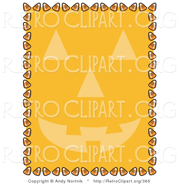 Retro Clipart of an Orange Background with a Smiling Jack O Lantern Face and a Border of Candy Corn