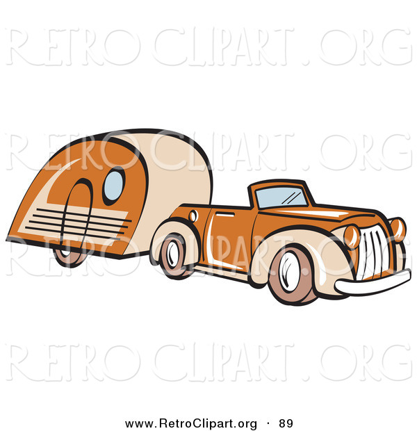 Retro Clipart of an Orange Convertible Car Pulling a Trailer and Driving Right