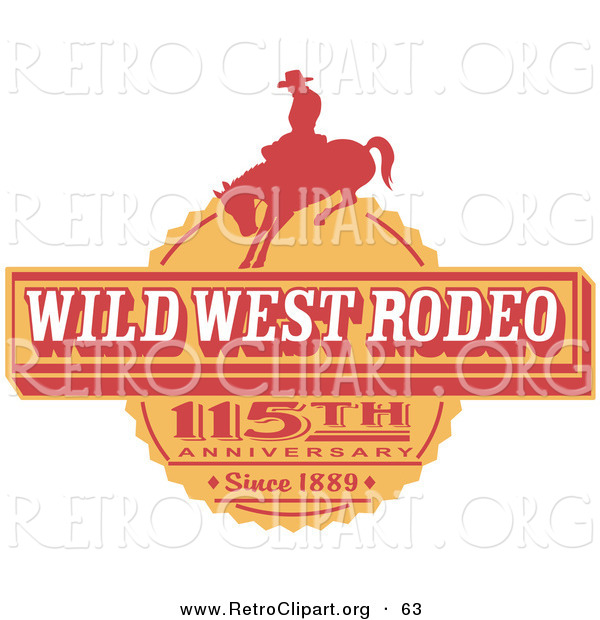 Retro Clipart of an Orange Vintage Wild West Rodeo Advertisement with a Cowboy Riding a Bucking Bronco