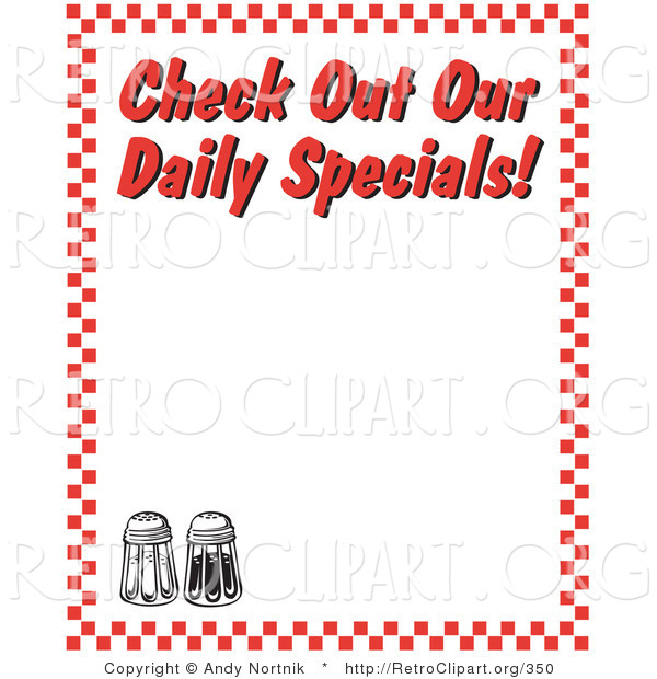 Retro Clipart of Black and White Salt and Pepper Shakers and Text Reading "Check out Our Daily Specials!" Borderd by Red Checkers