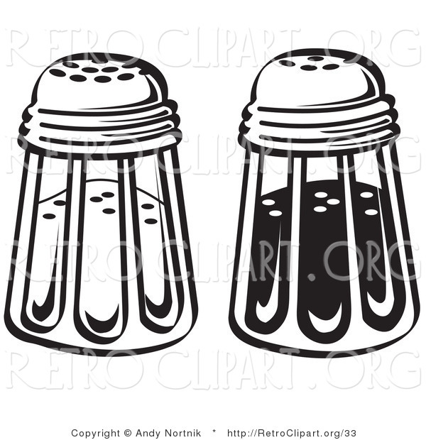 Retro Clipart of Black and White Salt and Pepper Shakers in a Diner