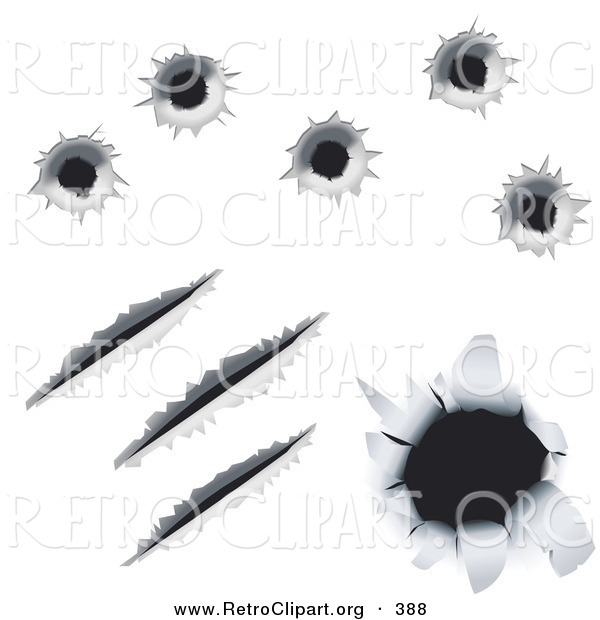 Retro Clipart of Bullet Holes and Gashes Torn into Metal, over a White Background