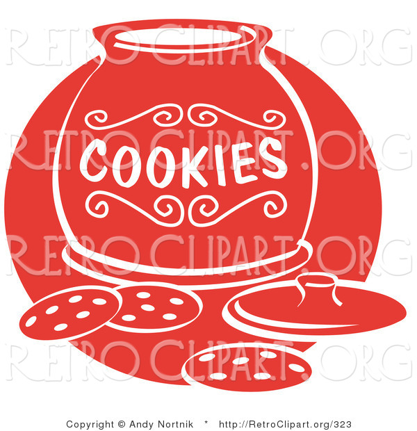 Retro Clipart of Chocolate Chip Cookies Resting on a Counter in Front of an Open Cookie Jar