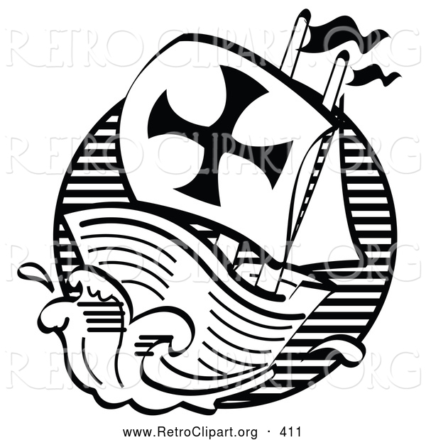 Retro Clipart of the Black and White Mayflower Ship Transporting Pilgrims to America