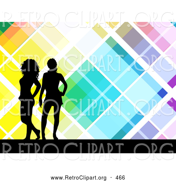 Retro Clipart of Two Black Silhouetted Women Standing over a Retro Colorful Tile Background with White Lines