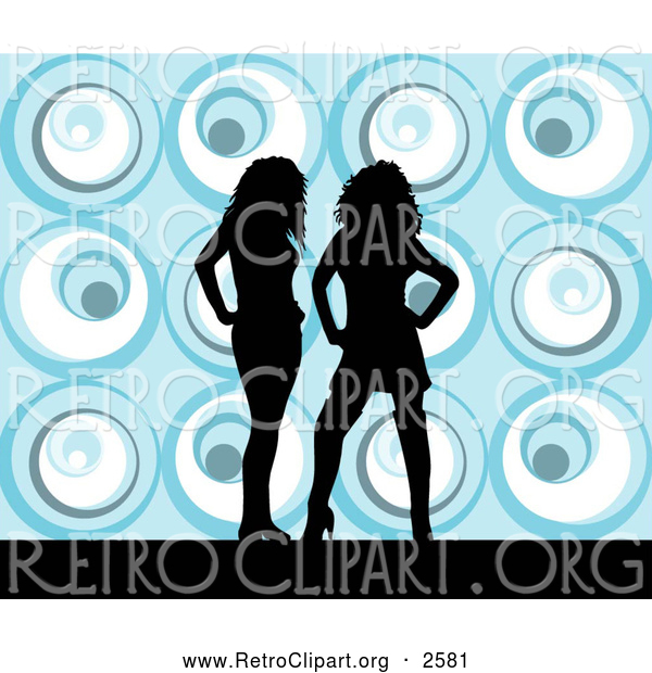 Retro Clipart of Two Sexy Black Silhouetted Women Standing over a Retro Blue Background