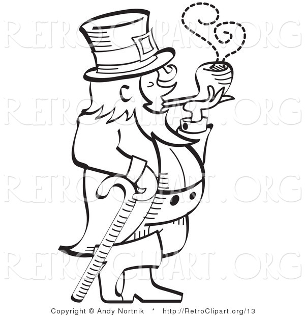 Vector Retro Clipart of a Black and White Leprechaun Smoking a Pipe