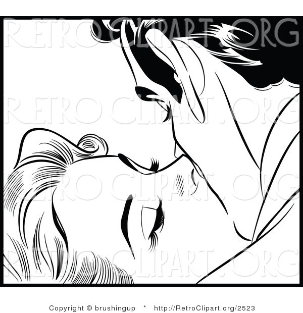 Vector Retro Clipart of a Black and White Pop Art Couple Kissing