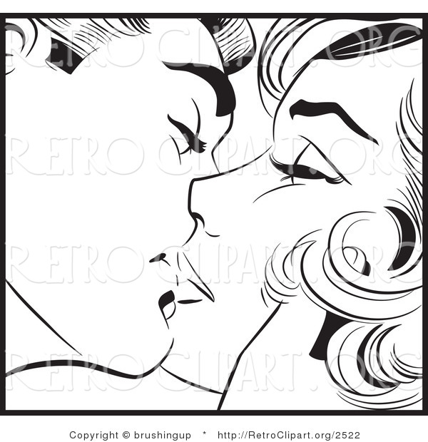 Vector Retro Clipart of a Black and White Pop Art Man and Woman Kissing
