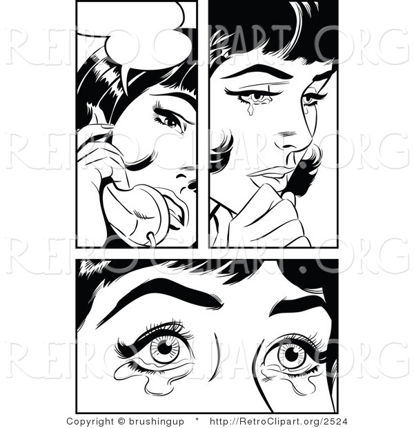 Vector Retro Clipart of a Black and White Pop Art Woman Crying Thinking and Talking on the Phone