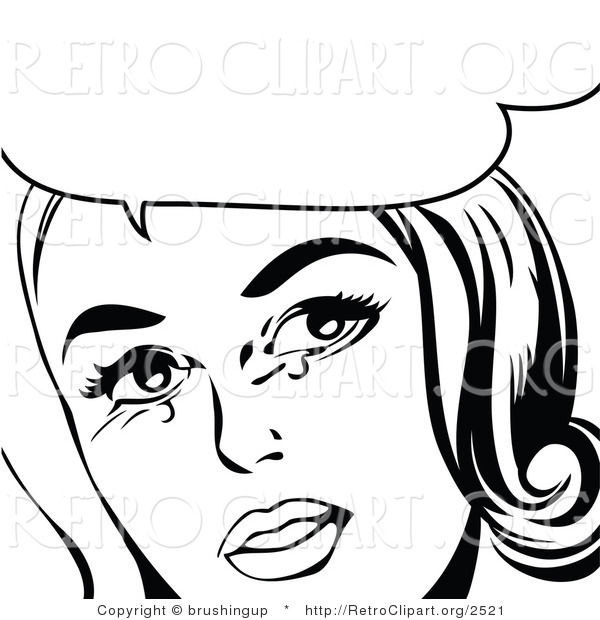 Vector Retro Clipart of a Crying Pop Art Woman in Black and White with Copyspace
