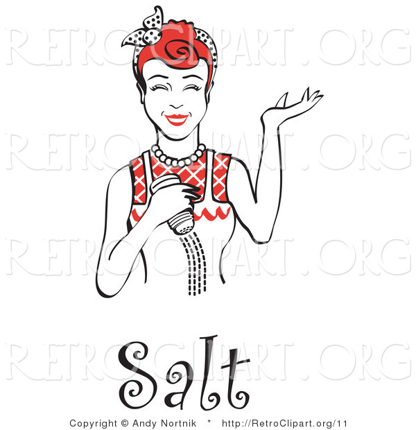 Vector Retro Clipart of a Happy Red Haired Housewife Using a Salt Shaker While Cooking, with Salt Text