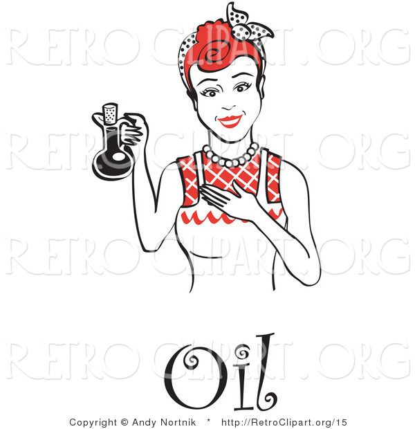 Vector Retro Clipart of a Happy Woman Wearing an Apron, Holding up a Bottle of Cooking Oil, with Text