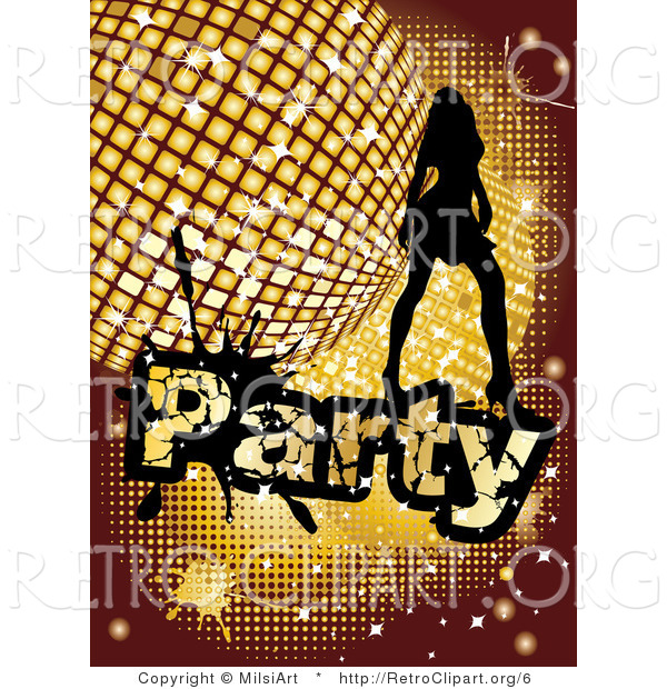 Vector Retro Clipart of a Silhouetted Party Girl and Disco Ball