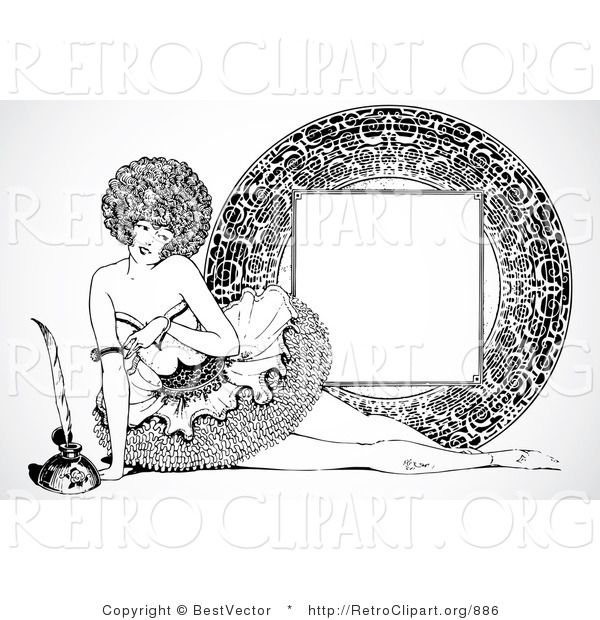 Vector Retro Clipart of a Vintage Burlesque Pinup Woman and Frame