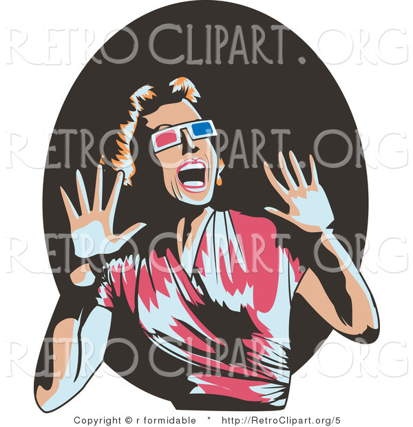 Vector Retro Clipart of a Woman Watching a Horror Movie in 3d