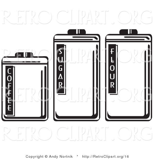 Vector Retro Clipart of Three Storage Canisters in a Kitchen, Labeled Coffee, Sugar and Flour
