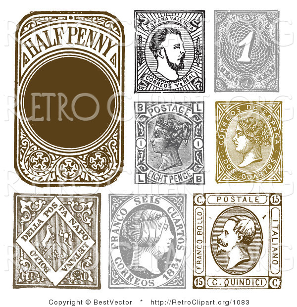 Vector Retro Clipart of Vintage Stamp Designs