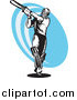 Clipart of a Black and White Woodcut Retro Cricket Batsman over a Blue Oval by Patrimonio