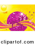 Clipart of a Disco Ball, Silhouetted Pink People, Flowers and Palm Trees with an Airplane and Butterflies on a Yellow Background by Elaineitalia