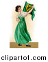 Clipart of a Patriotic Irish Lady Wearing a Green Dress, Holding an Irish Flag, Circa 1907 by OldPixels