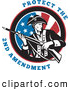 Clipart of a Protect the 2nd Amendment Text with a Revolutionary War Soldier Holding a Rifle over an American Flag by Patrimonio