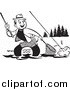 Clipart of a Retro Black and White Fisherman Wading and Trying to Get His Fish in a Net by BestVector
