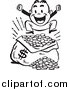 Clipart of a Retro Black and White Happy Man Jumping over a Sack of Money by BestVector