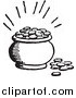Clipart of a Retro Black and White Pot of Coins with Light by BestVector