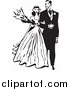 Clipart of a Retro Black and White Wedding Couple Walking Arm in Arm by BestVector