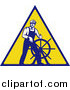 Clipart of a Retro Male Captain Steering a Helm on a Yellow Sign by Patrimonio