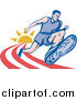 Clipart of a Retro Male Marathon Runner on a Track with a Sun by Patrimonio