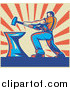 Clipart of a Retro Strong Male Blacksmith Hammering over Beige and Orange Rays by Patrimonio