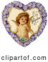 Clipart of a Retro Valentine of Cupid Smiling Inside a Purple Floral Forget Me Not Heart, Circa 1890 by OldPixels