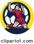 Clipart of a Retro Victorious Male Athlete Cheering on His Knees over a Soccer Ball in a Circle by Patrimonio