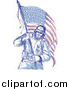 Clipart of a Sketched Patriotic Soldier Carrying an American Flag by Patrimonio