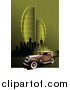 Clipart of a Vintage Car over a Green Urban Background by