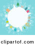 Clipart of a Winter Globe Circled in Snowmen, Trees, Angels, and Gifts on Blue by KJ Pargeter