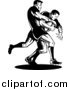 Clipart of Retro Black and White Rugby Football Players in Action by Patrimonio
