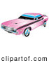 Retro Clipart of a 1971 American Dodge Challenger Muscle Car in Pink with Black Racing Stripes on the Sides by Andy Nortnik