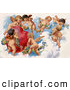 Retro Clipart of a Beautiful Painting of a Group of Playful Cherubs in the Clouds of Heaven, Decorating a Red Heart in Floral Garlands, Circa 1909 by OldPixels