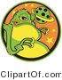Retro Clipart of a Big Fat Green Alien with a Yellow Belly and Yellow Suction Fingers, Licking His Lips and Standing in Front of a Planet by Andy Nortnik