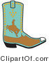 Retro Clipart of a Blue Boot Showing a Brown Silhouetted Cowboy Riding a Bucking Bronco by Andy Nortnik