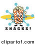 Retro Clipart of a Cheerful Popcorn Carton Character Filled with Buttery Popcorn Pointing down at Text Reading "Snacks" at a Movie Theater by Andy Nortnik